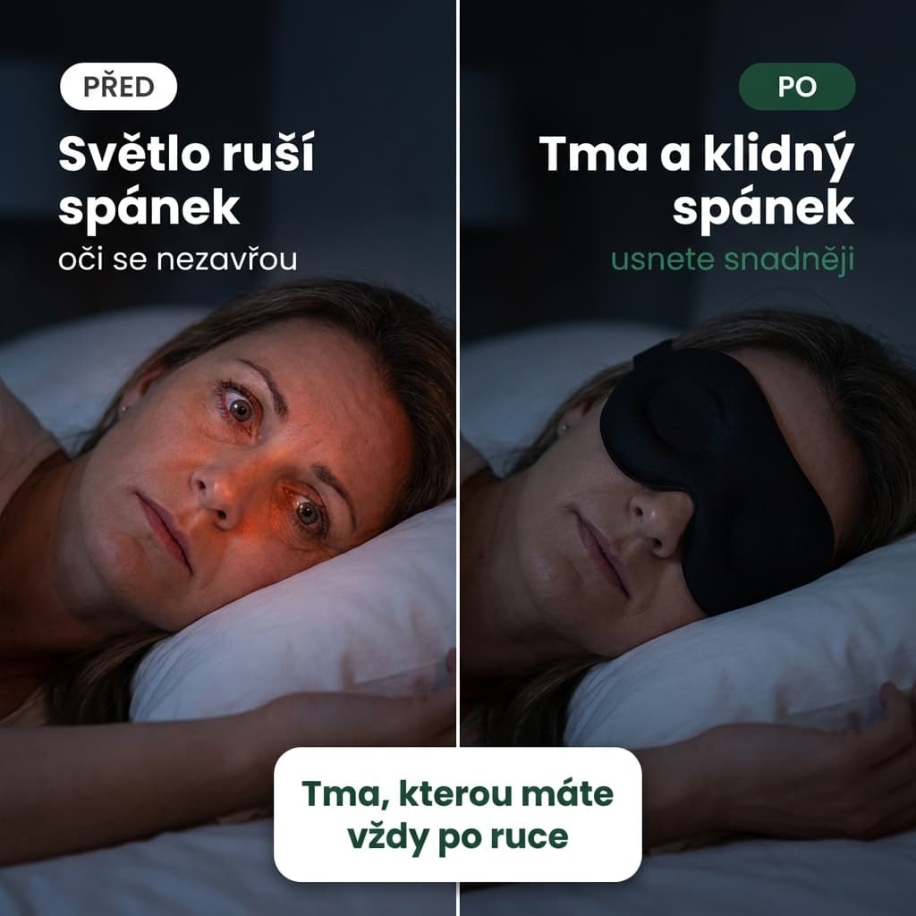 Cestovní maska na spaní před a po – tma a klidný spánek bez rušivého světla